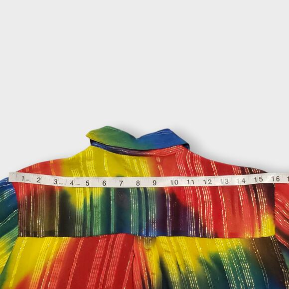Chico's Design Silk Metallic Sheer Rainbow Stripe Button Up Blouse Sz 0=Sm Artsy - Picture 13 of 14